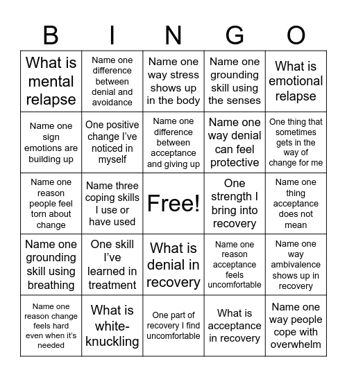 Recovery Bingo Card