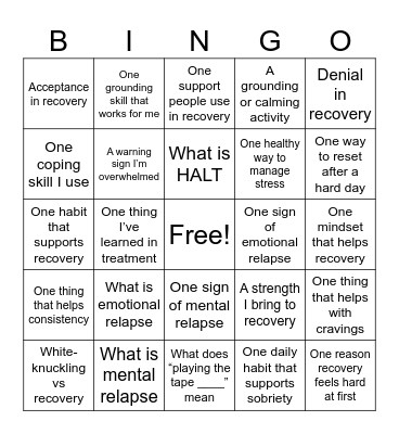 Recovery Bingo Card