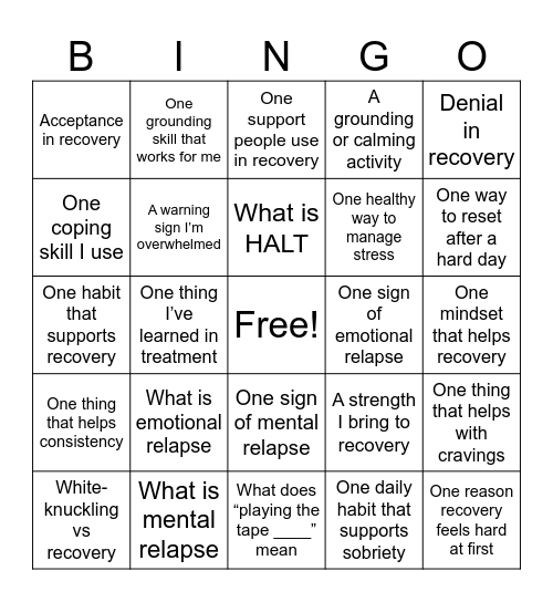 Recovery Bingo Card