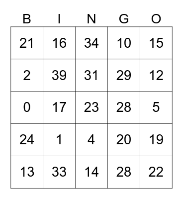 Les chiffres de 0 - 39 Bingo Card