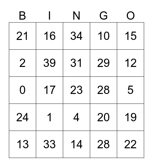 Les chiffres de 0 - 39 Bingo Card