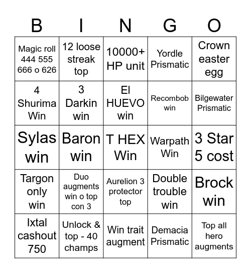 Teamfight Tactics Set 16 Bingo Card