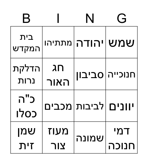 חנוכה שמח Bingo Card