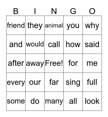 Sight Word Bingo! Bingo Card