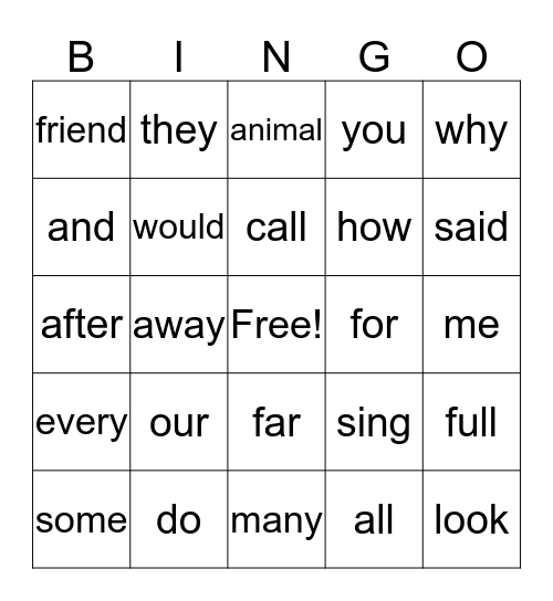 Sight Word Bingo! Bingo Card