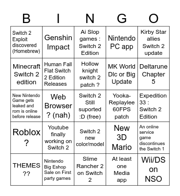 Switch 2 Bingo Card