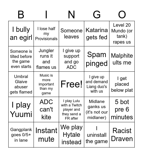New Season Ranked Bingo Card