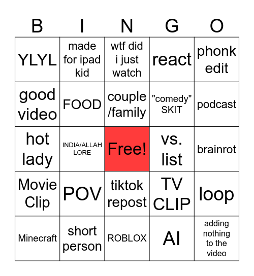 YouTube Shorts Bingo Card