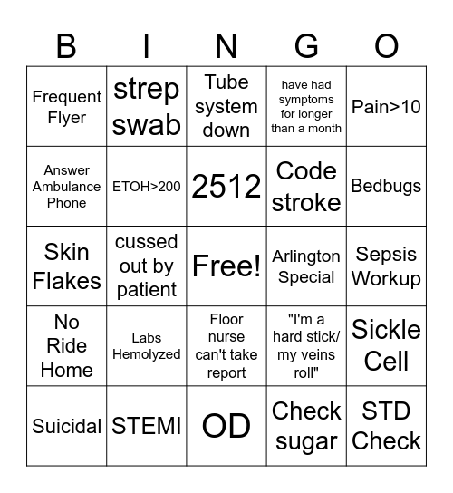 ER Nurse Bingo Card