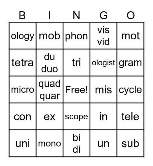 Morphology BINGO Card