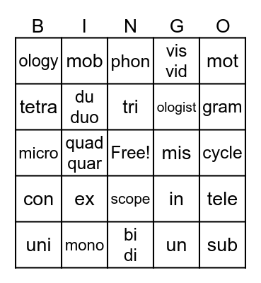 Morphology BINGO Card