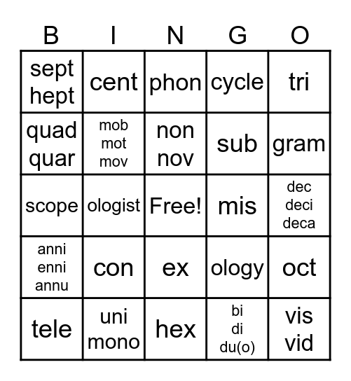 Morphology BINGO 2 Bingo Card