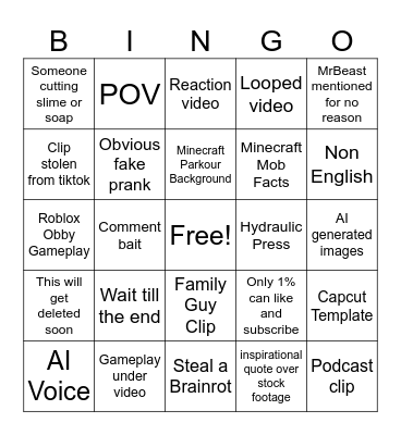 YouTube Shorts Bingo Card