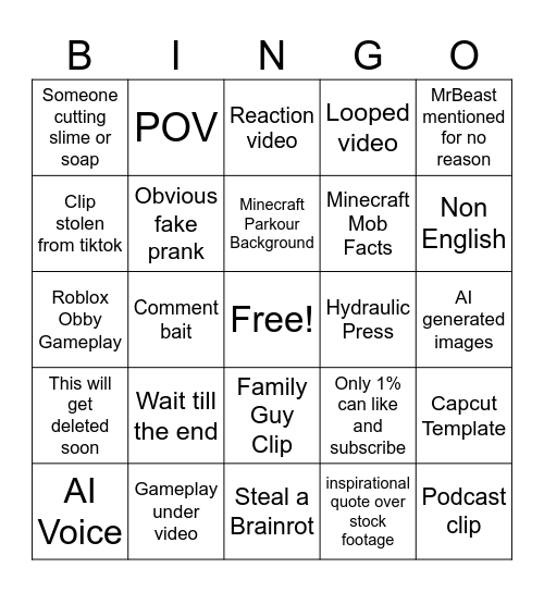 YouTube Shorts Bingo Card
