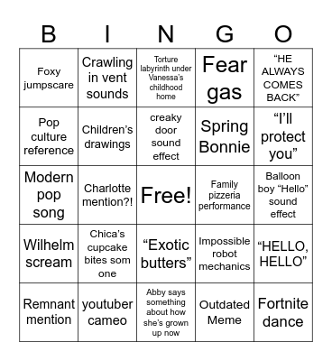 FNAF 2 Bingo Card