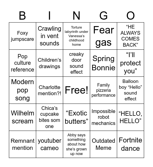 FNAF 2 Bingo Card