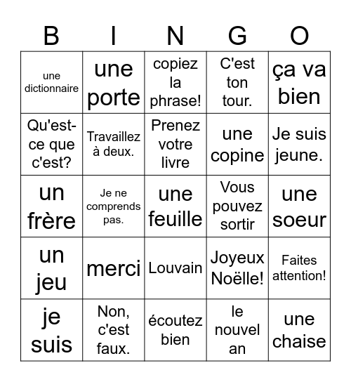 Franse woordenschat Bingo Card