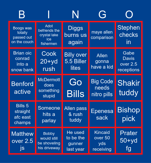 Bills vs Patriots Bingo Card