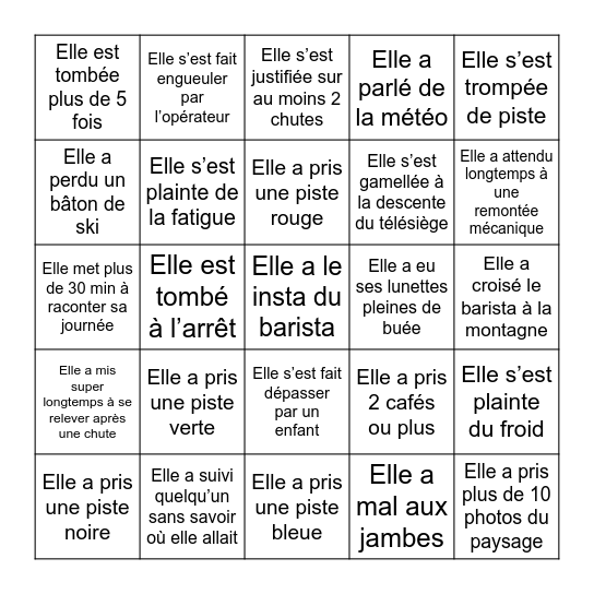 Estelle au ski Bingo Card