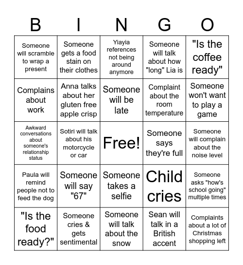 Family Bingo Card