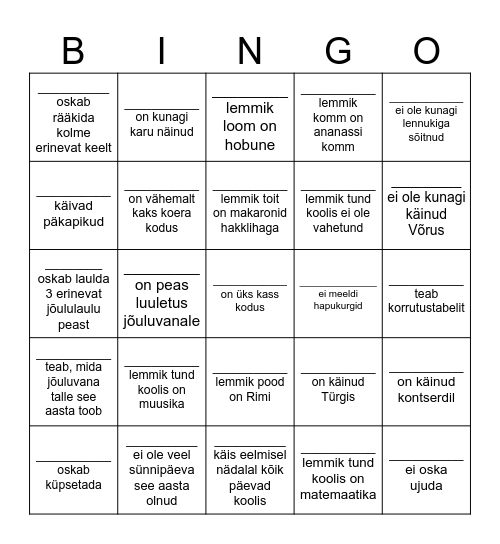 Otsi kellegi nimi lahtrisse, kelle puhul see on tõsi. Bingo Card