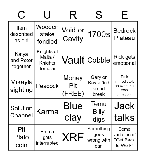 Curse of Oak Island Bingo Card