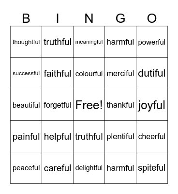 suffix 'ful' words Bingo Card
