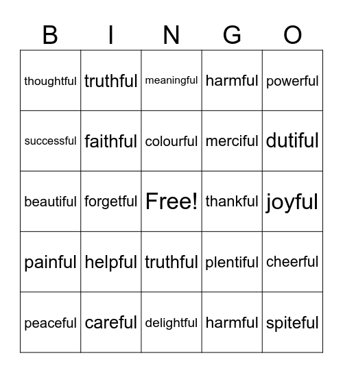 suffix 'ful' words Bingo Card