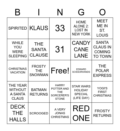 CHRISTMAS MOVIES Bingo Card