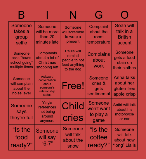 Family Bingo Card