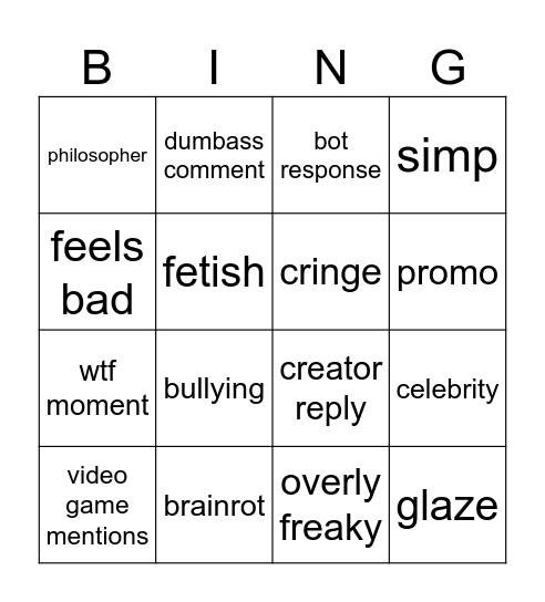P HUB COMMENTS Bingo Card