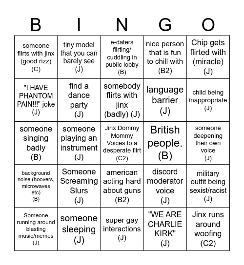 Jinx's VRChat Bingo Sheet Bingo Card