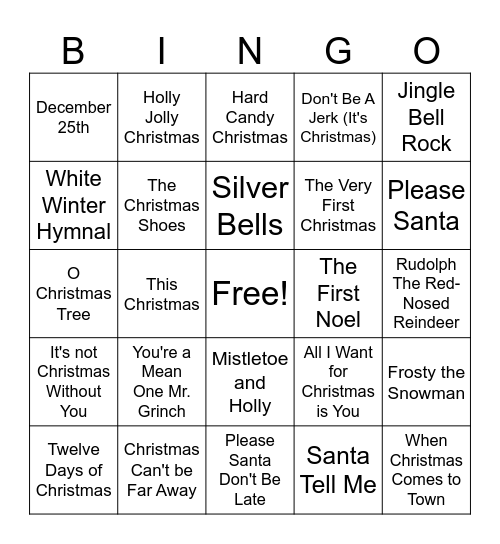 Christmas Song Bingo Card