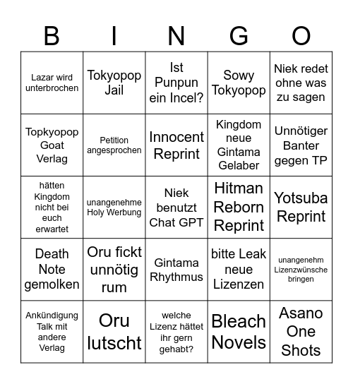 Peak Tokyopop Bingo Card