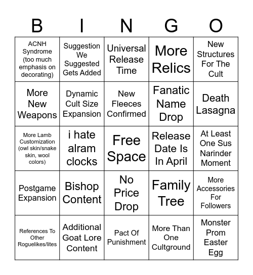 COTL Woolhaven Bingo Card