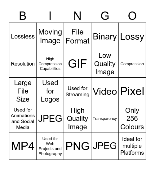 File Format Bingo Card