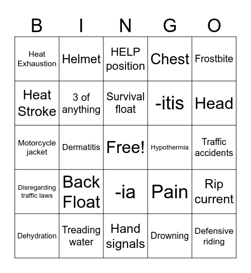 Health Review Recreational and Road Safety Bingo Card