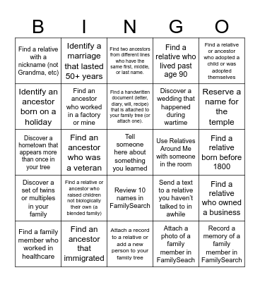 Family History Bingo Card