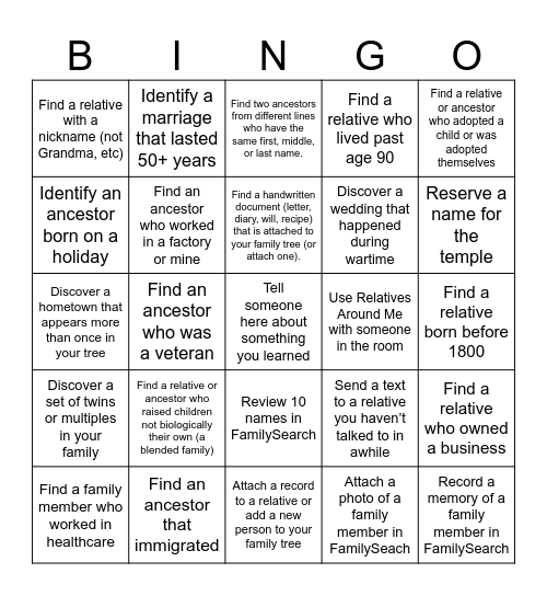 Family History Bingo Card