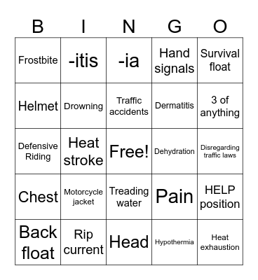 Health Recreational & Road Safety Bingo Card