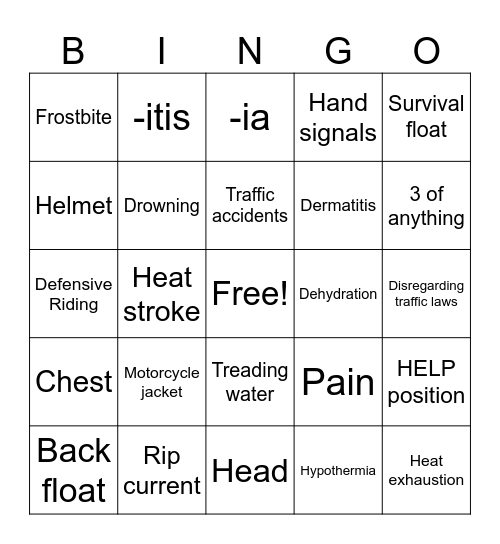 Health Recreational & Road Safety Bingo Card