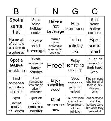 Holiday Party Bingo Card