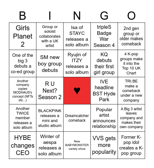 2026 K-pop Predictions Bingo Card