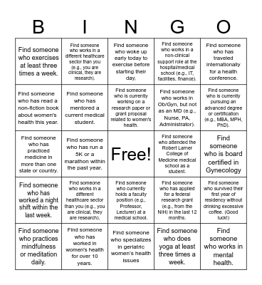 Womens Health Bingo Card