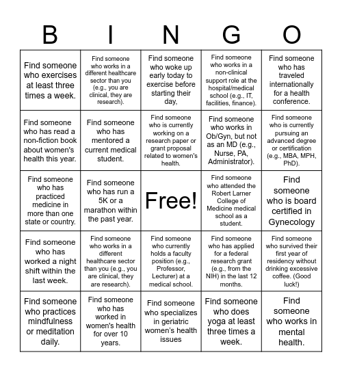 Womens Health Bingo Card