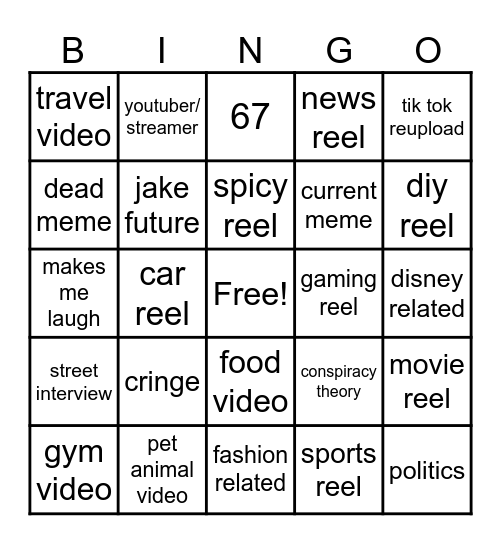 Instagram reel bingo Card