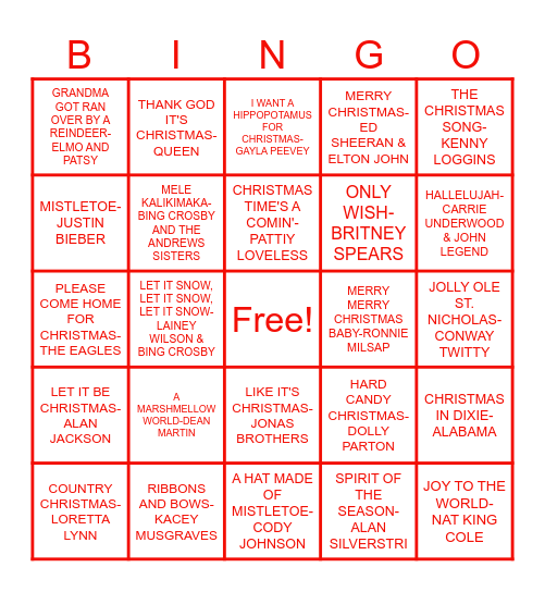 Collies Christmas Bingo Card