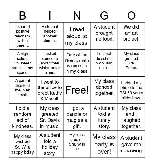 Almost Winter Break Bingo! Bingo Card