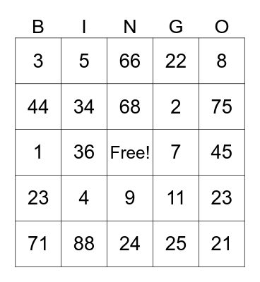 numbers Bingo Card