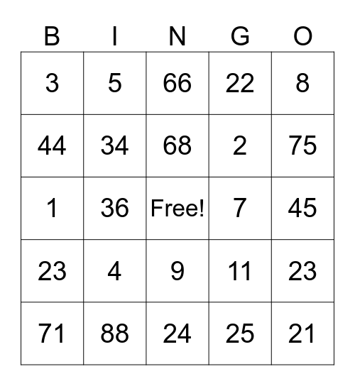 numbers Bingo Card